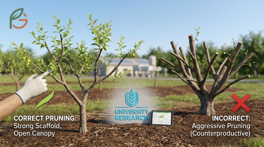 Pruning jujube trees by selecting 3 to 5 scaffold branches and thinning interior growth to improve fruit size.