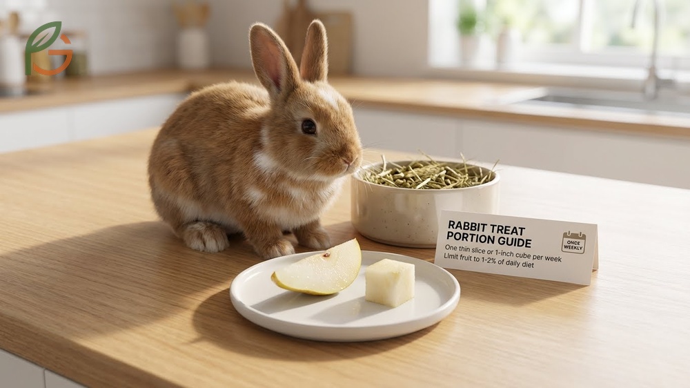Rabbit treat portion size guidelines recommend limiting pears to one thin slice or cube per week to prevent issues.