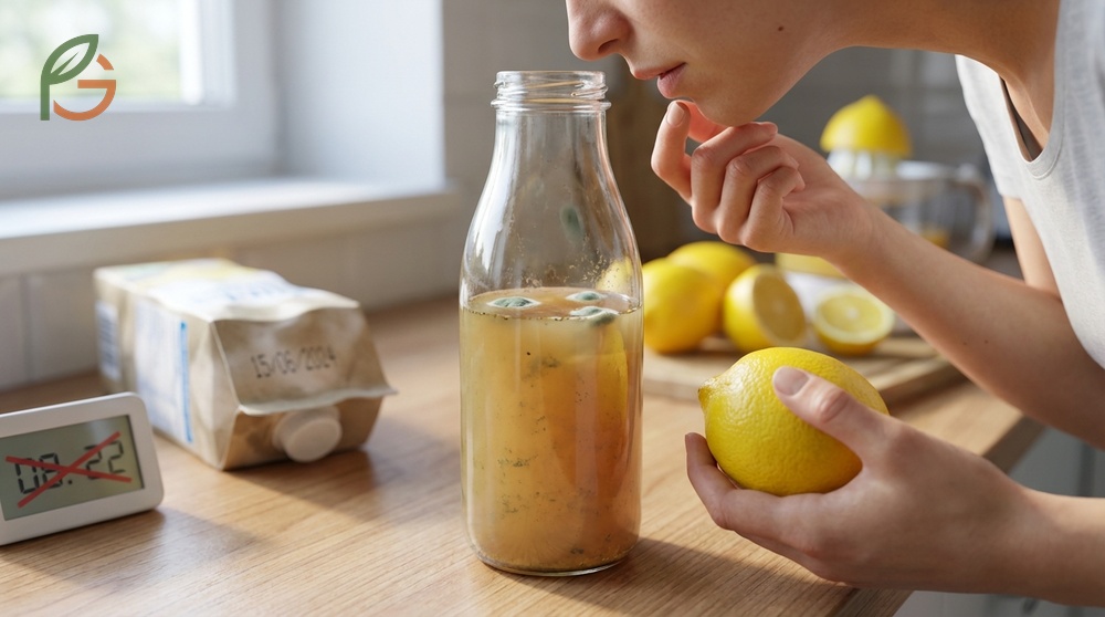 Common signs of spoiled lemon juice include mold growth and a dark yellow or brown color change.