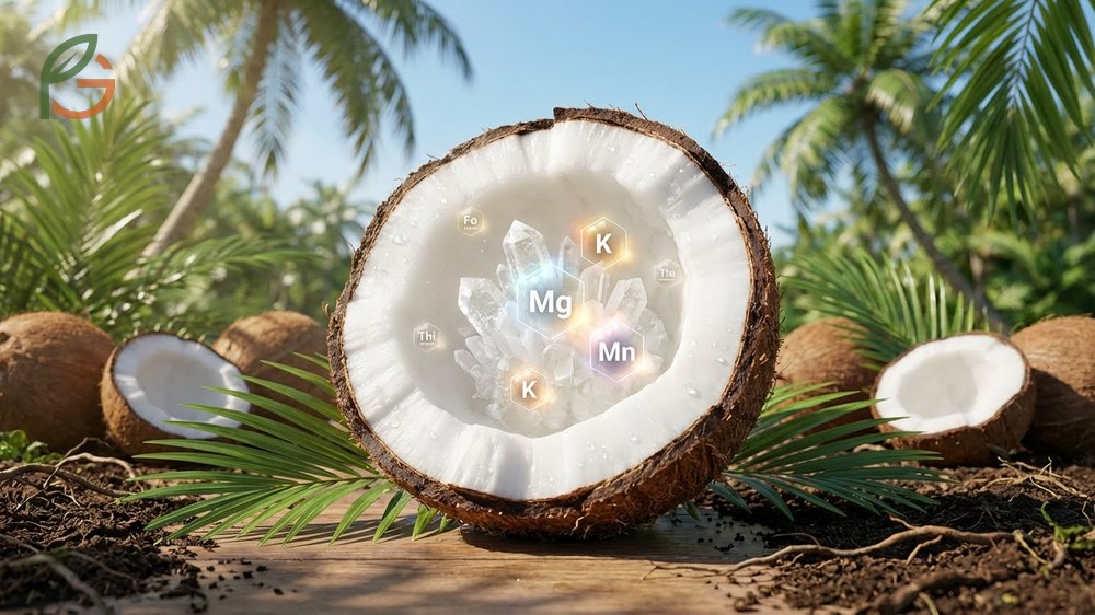 Vitamins and minerals in coconut include significant amounts of manganese for enzyme function.