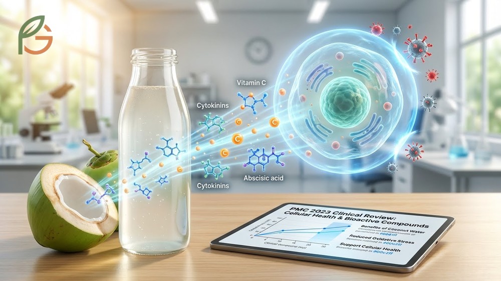 Benefits of coconut water include superior electrolyte replenishment with 1420mg potassium per liter helping reduce oxidative stress.