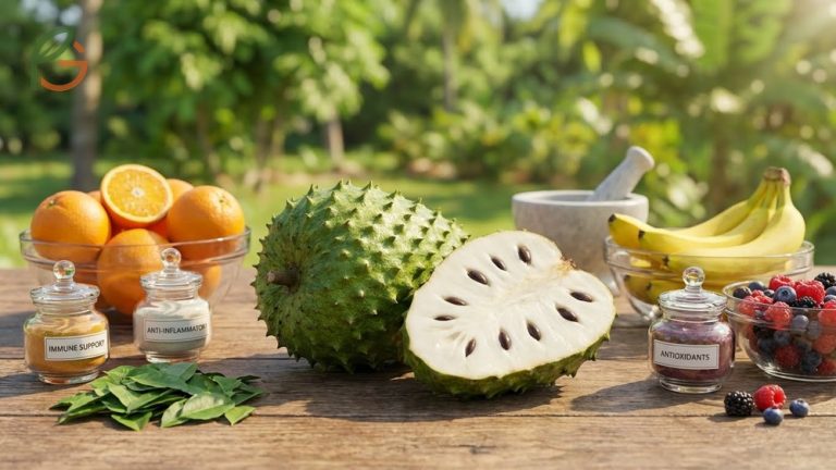 Benefits of graviola soursop including immune system support and anti-inflammatory effects from rich antioxidant content.