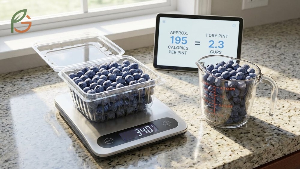 Calories in a pint of blueberries total about 190 to 195 calories for the full 12-ounce container.