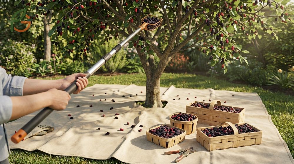Collecting mulberries easily requires an 8x10 foot light-colored tarp and shallow containers to prevent crushing delicate fruit.