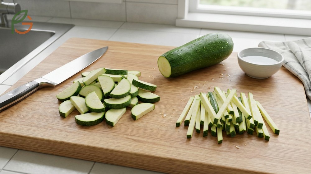 Cutting zucchini technique using julienne matchsticks measuring one eighth inch wide for quick cooking.