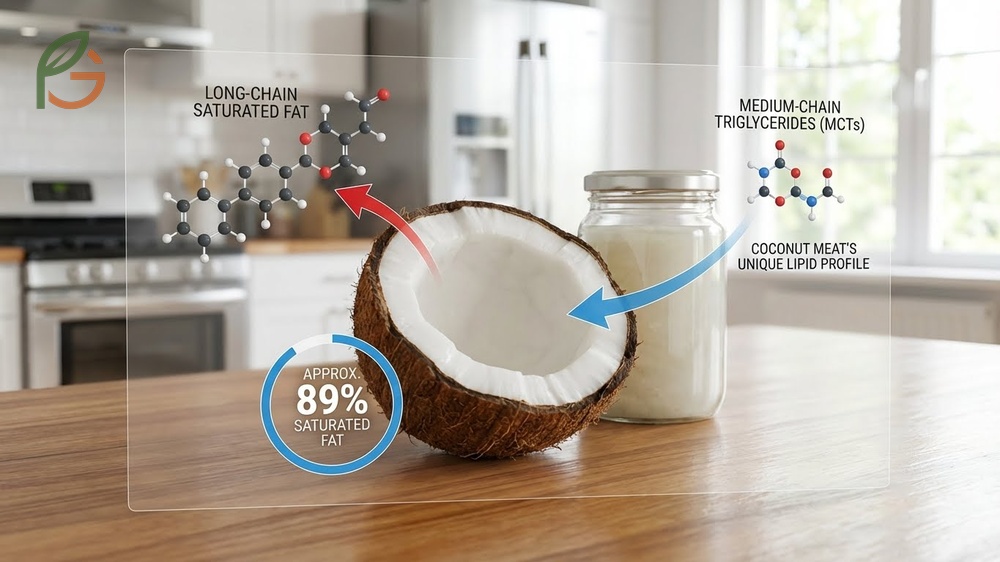 Fat content and cholesterol impact of coconut flesh focuses on the benefits of medium chain triglycerides.