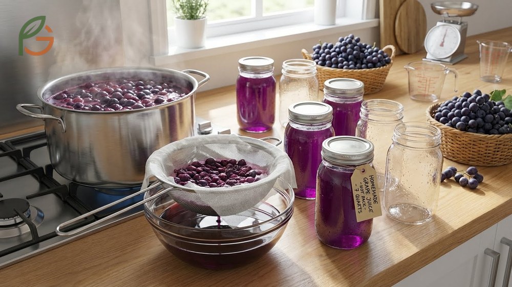 Homemade grape juice canning steps including hot pack preparation and sediment settling for clear liquid.