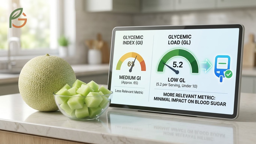 Honeydew glycemic load calculation showing a low score of 5.2 for stable blood sugar.