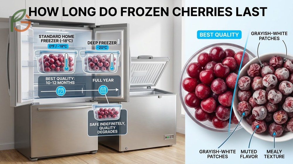 How long do frozen cherries last information stating quality retention for ten to twelve months in a standard freezer.