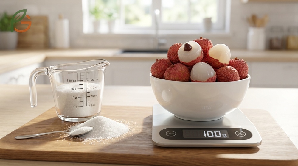 Lychee sugar content is approximately fifteen grams per one hundred grams which equals about four teaspoons of sugar.