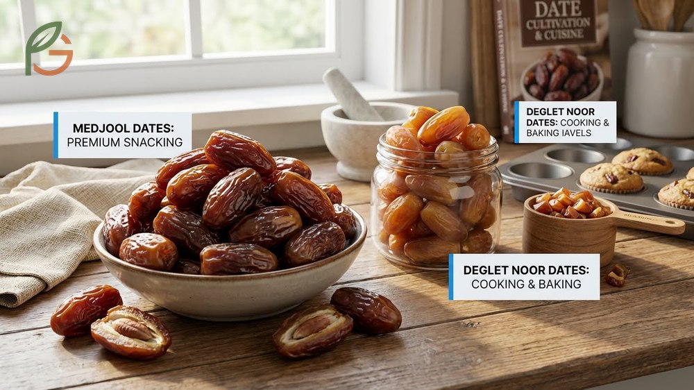 Medjool vs Deglet Noor dates cultivation showing harvest timing differences affecting moisture and texture profiles.