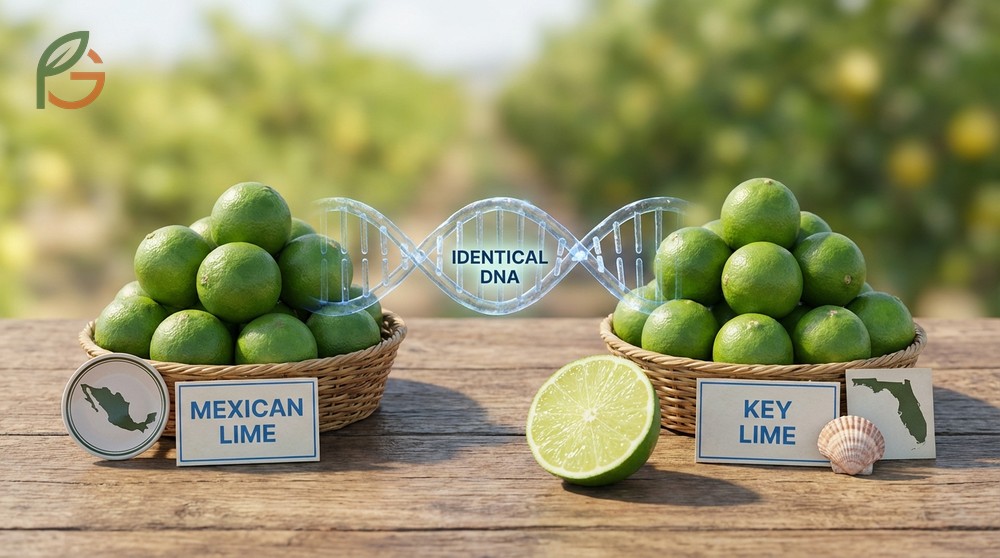 The Mexican Key lime difference is purely geographical as Florida and Mexico grow the same genetically identical fruit.