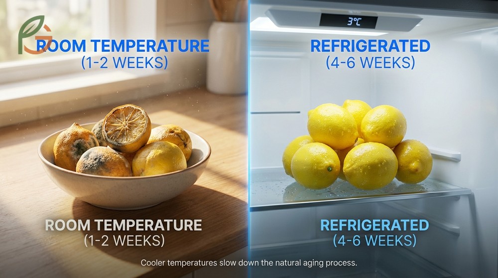 How to store lemons for a long time by maintaining refrigerator temperatures between 34 and 40 degrees Fahrenheit.