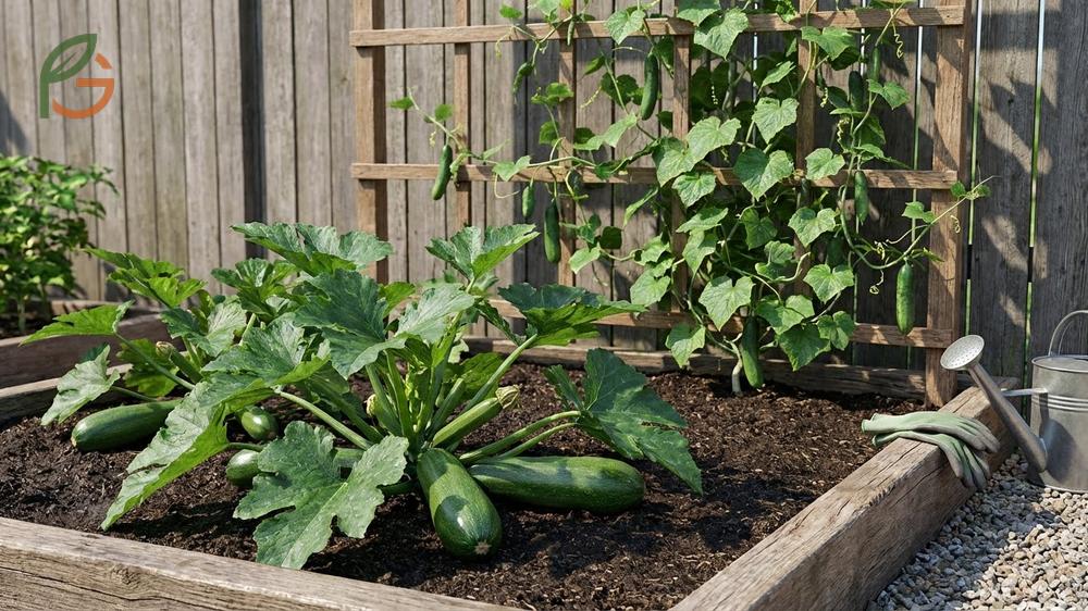 Planting zucchini and cucumbers together requires 36 inches of spacing to prevent fungal diseases and overcrowding.