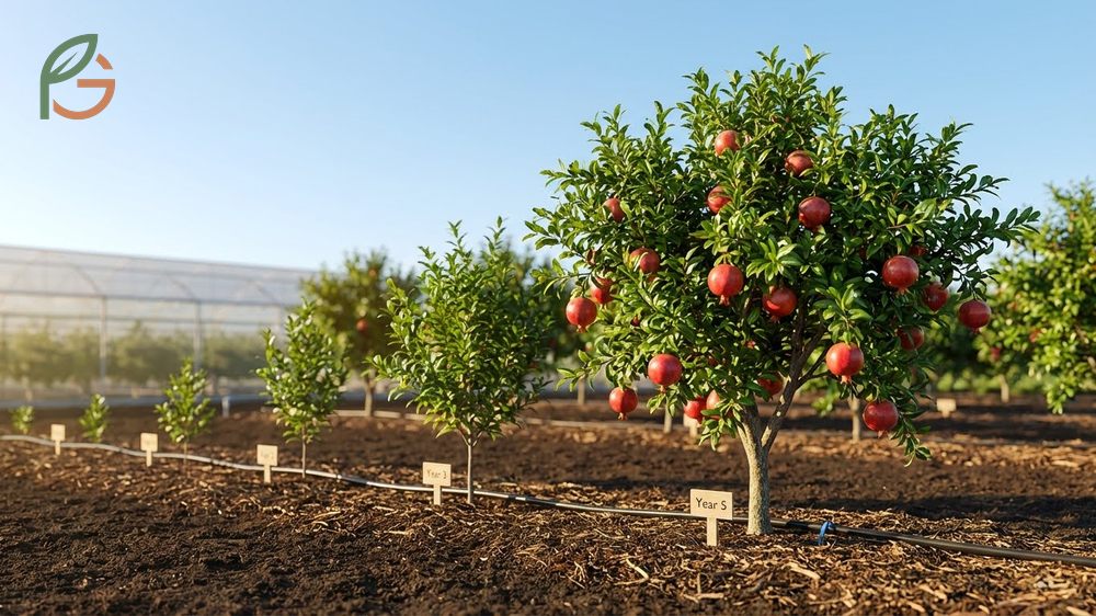 Growth rate and fruit bearing timeline showing trees producing 20 to 25 fruits by the fourth year.