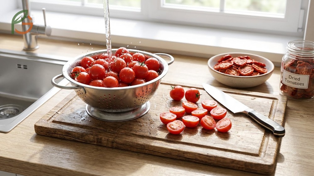 How to dehydrate cherry tomatoes starts with washing sorting and slicing fruit in half for even drying.