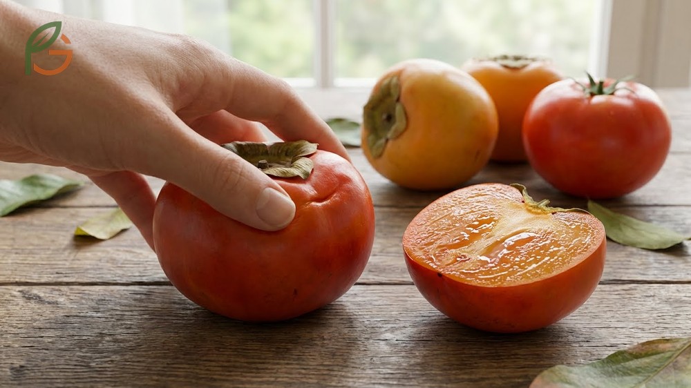 Ripe persimmon signs include a deep orange color and a texture that ranges from firm for Fuyu to jelly-soft for Hachiya.