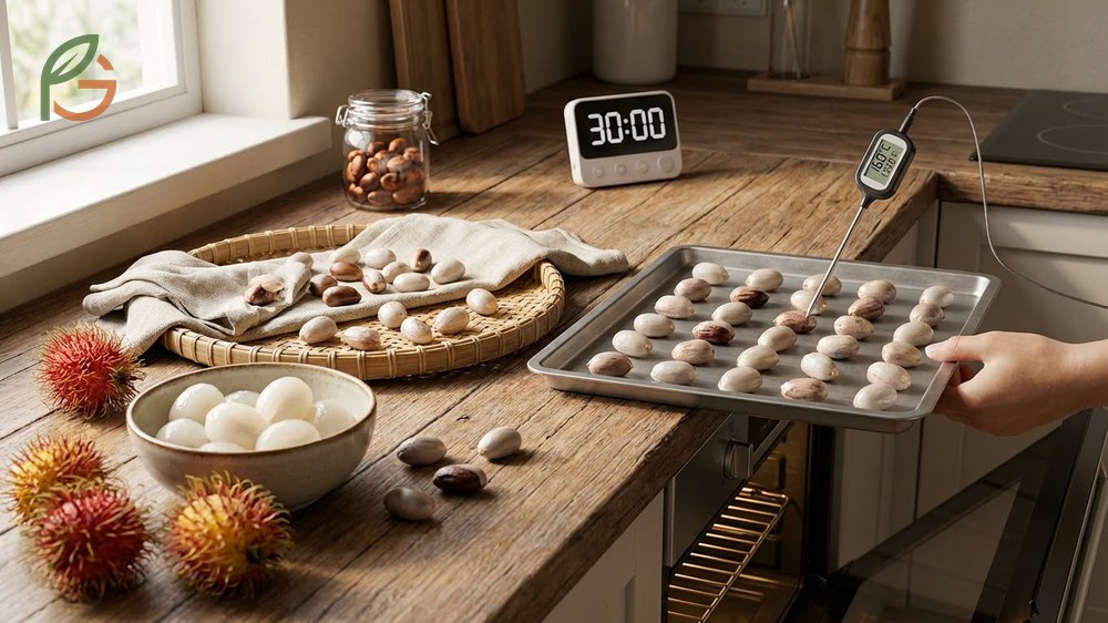 Roasting rambutan seeds instruction to bake at 320 degrees Fahrenheit for 30 minutes until they turn dark brown and nutty.