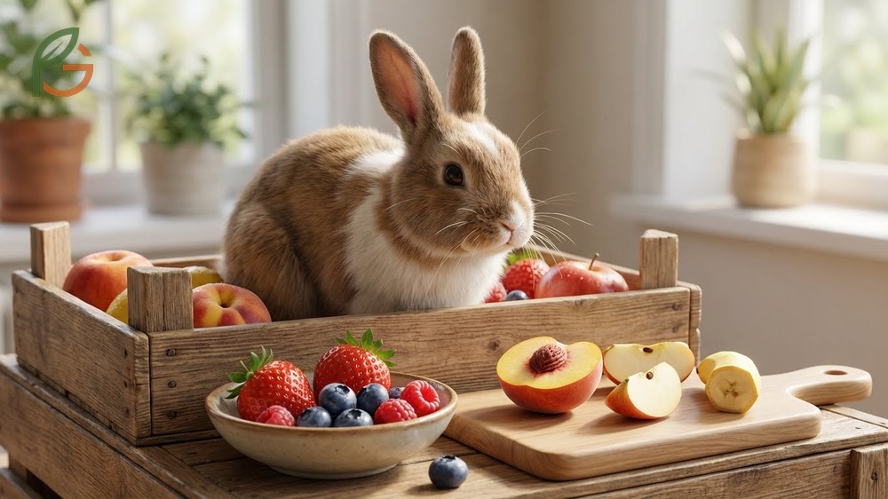 Selection of safe fruits including apples and berries prepared without seeds for healthy rabbit treats.