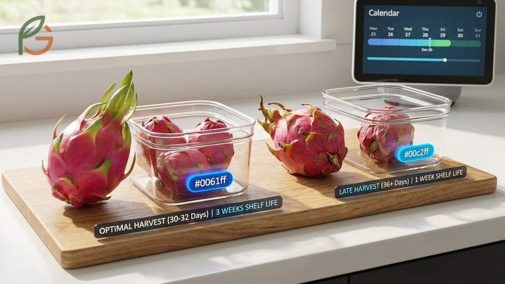 Shelf life dragon fruit is maximized when harvested 30-32 days after flowering and stored at consistent temperatures.