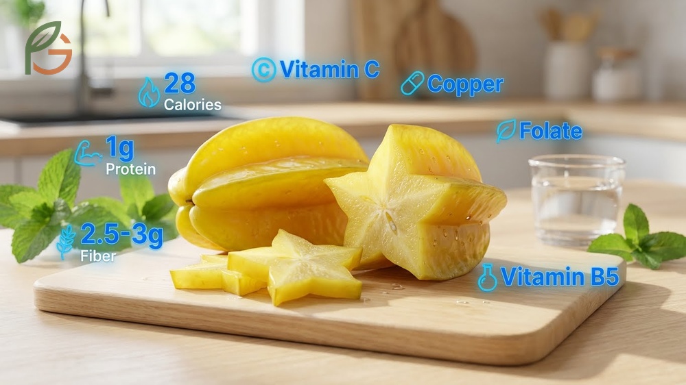 Starfruit nutrition benefits profiling the low calorie count and essential mineral content.