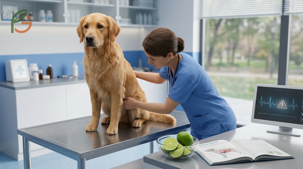 Symptoms of lime poisoning in dogs include vomiting within 30 to 60 minutes and potential tremors or muscle weakness.