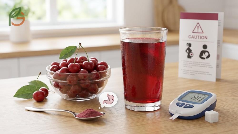 Tart cherry juice warnings and side effects list digestive sensitivity and potential sugar intake issues.