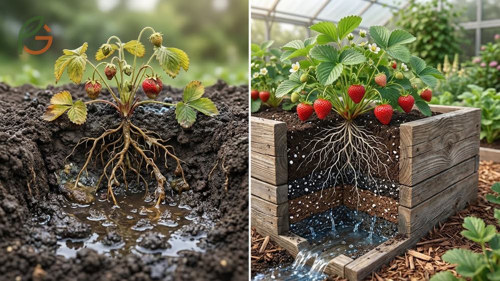 Raised strawberry beds constructed to provide well-draining soil and prevent root rot.