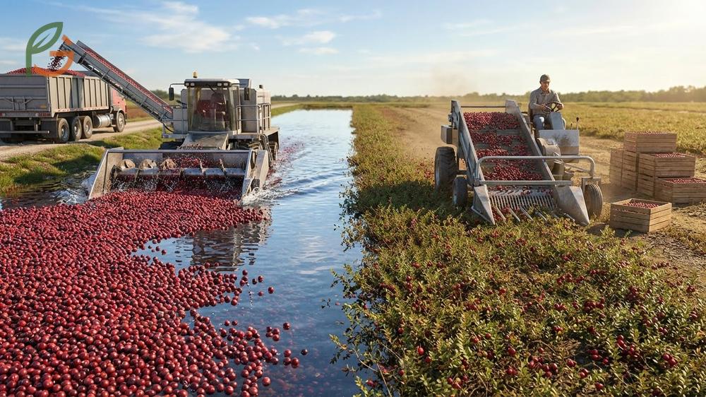 How are cranberries harvested involves wet flooding methods for juice and dry picking for fresh market fruit.