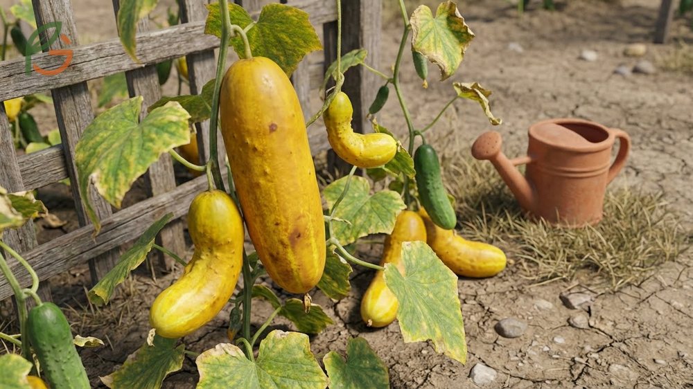 Overripe yellow cucumber hanging on the vine contrasting with a healthy green fruit to show signs of late harvest.