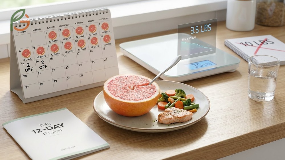 12 day grapefruit diet cycle following a strict low calorie schedule with two days off to manage metabolic adaptations.