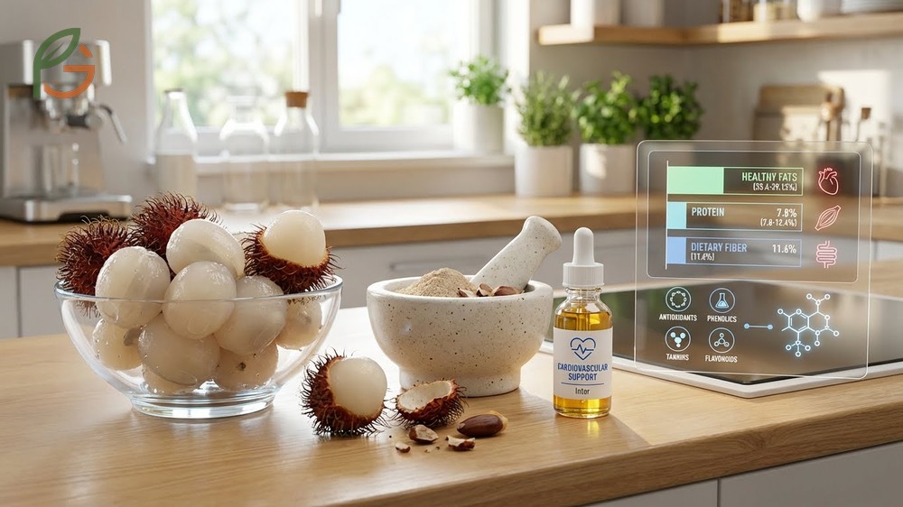 Benefits of rambutan seeds nutrition profile highlighting over 33 percent healthy fats and antioxidant phenolic compounds.