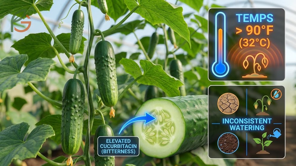 Cucumber plant showing signs of heat stress and dry soil which can cause bitter flavor in the developing fruit.