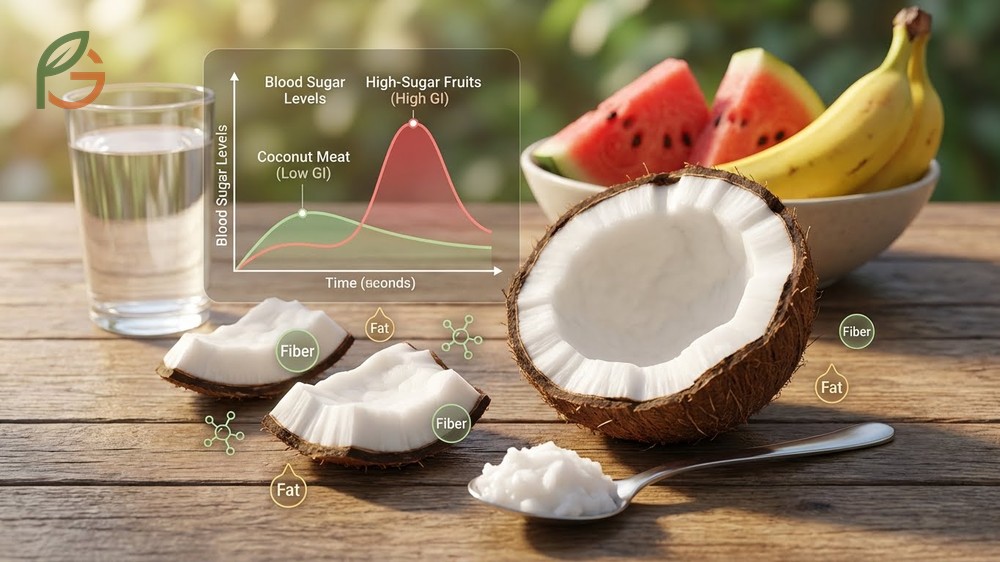 Coconut meat glycemic index is low at 45 which helps maintain stable blood sugar levels.
