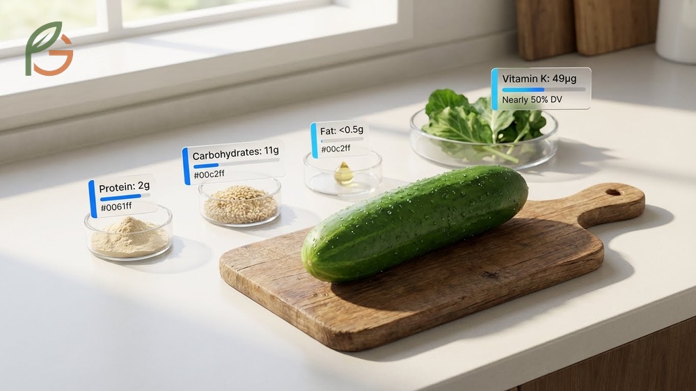 Cucumber macros and nutrition facts highlighting 49mcg vitamin K and 96% water content per medium fruit.