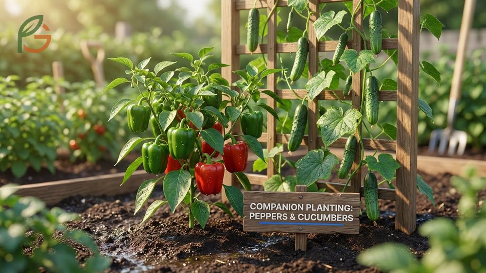 Cucumbers and peppers companion planting uses vertical trellising to maximize sunlight for pepper bushes 24 inches away.