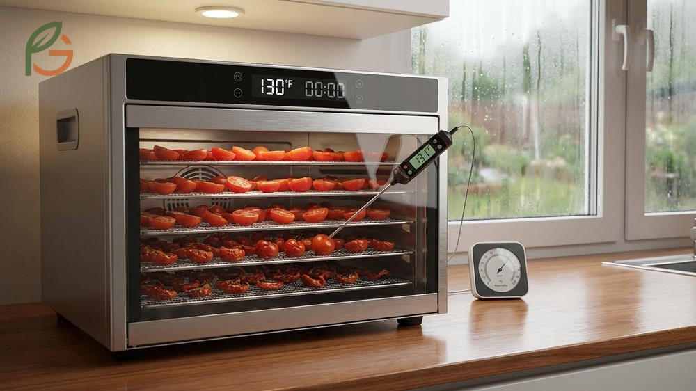 How to dehydrate cherry tomatoes at 125 to 135 degrees Fahrenheit for 10 to 12 hours to maintain enzyme health.