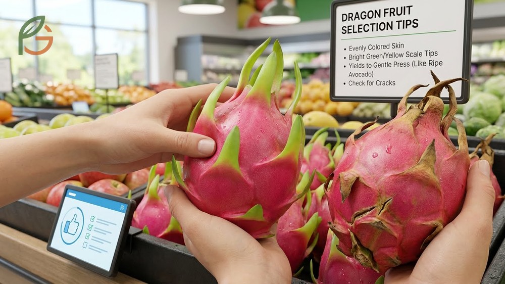 Dragon fruit storage tips include selecting unblemished fruit and avoiding contact with ethylene producing apples.