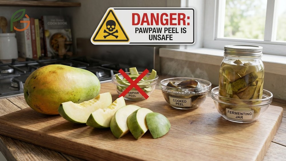 Warning symbol against eating pawpaw peel due to bitter taste and stable neurotoxins that survive cooking.