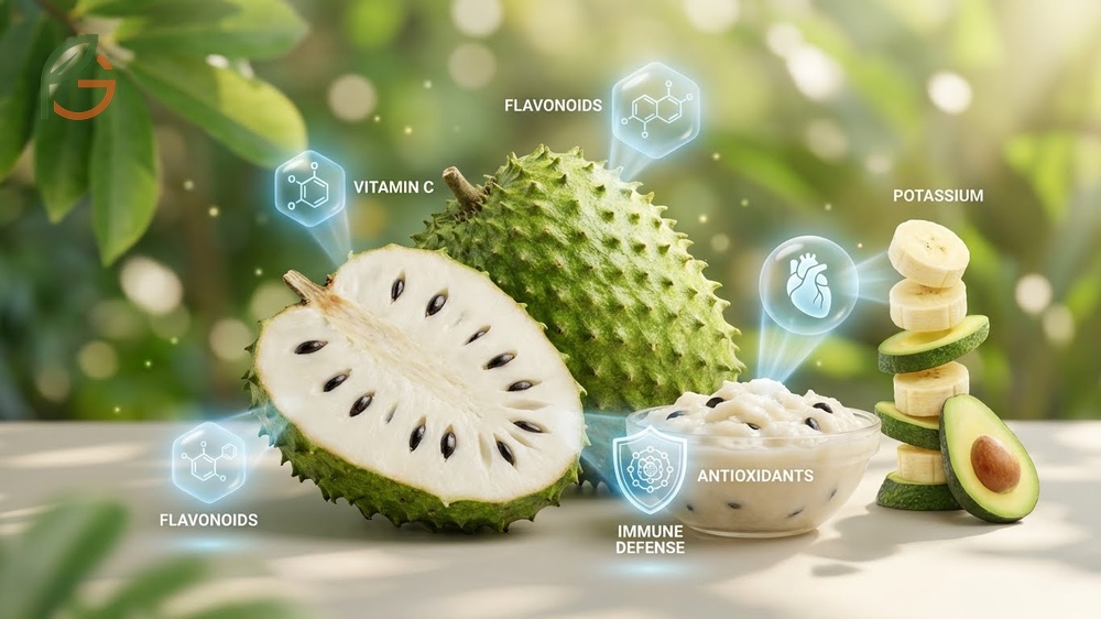 Benefits of graviola soursop showing 626mg potassium per cup for heart health and immune system support.