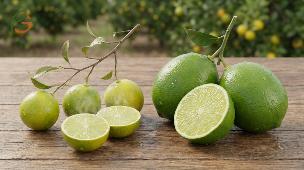 Mexican lime characteristics include small fruit size of 3 to 6 cm and thin yellow peel with dense aromatic oil glands.