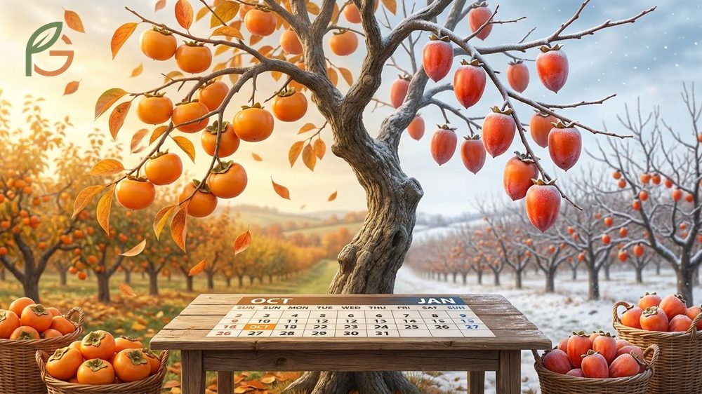 Persimmon harvest timing by month indicates early varieties ripen in September while late harvest extends into January.