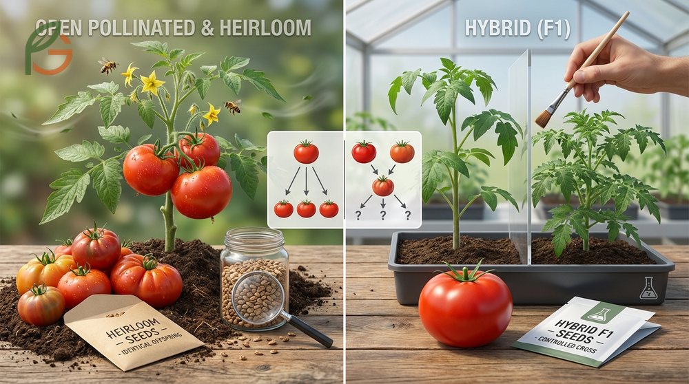 Open pollinated vs hybrid seeds distinction matters because only open pollinated types breed true to type.