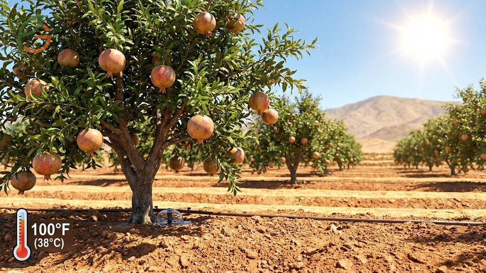 Growing conditions and care for pomegranates involving full sun and deep watering every 7 to 10 days.