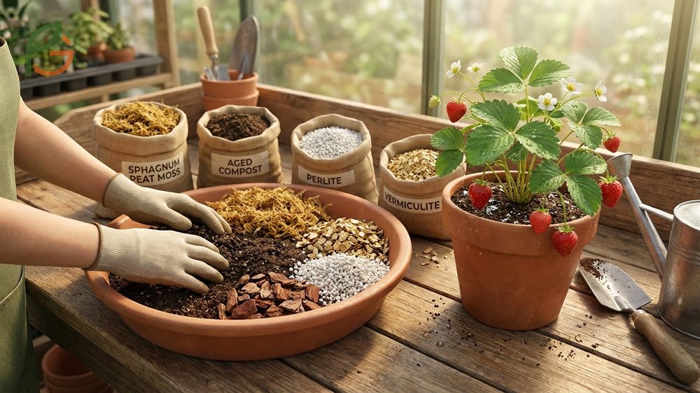 Specialized potting mix with perlite and peat moss for growing strawberries in containers.