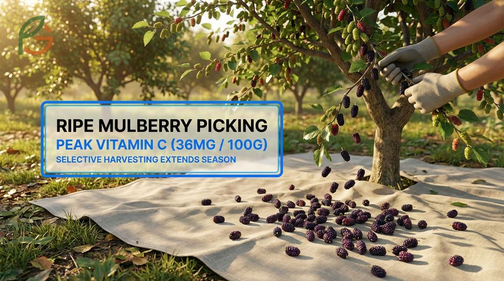 Ripe mulberry picking ensures maximum nutrition with 36mg of vitamin C per serving and a sweet flavor profile.