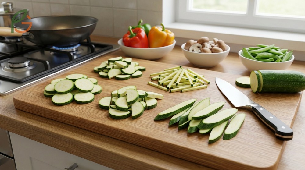 Stir fry cuts include diagonal slices at forty five degree angles to increase surface area.