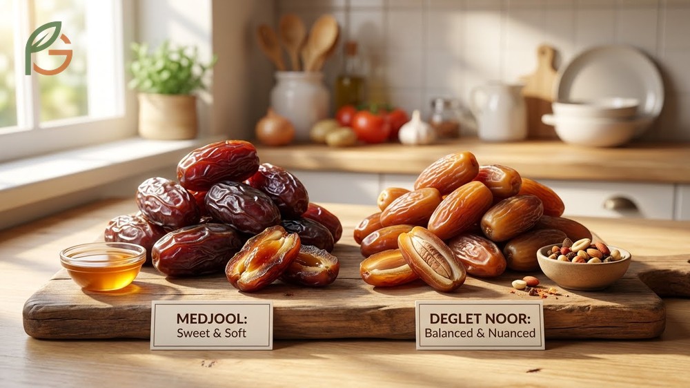 Taste and texture differences in dates with Medjools containing 66g of natural sugars per 100g for caramel flavor.