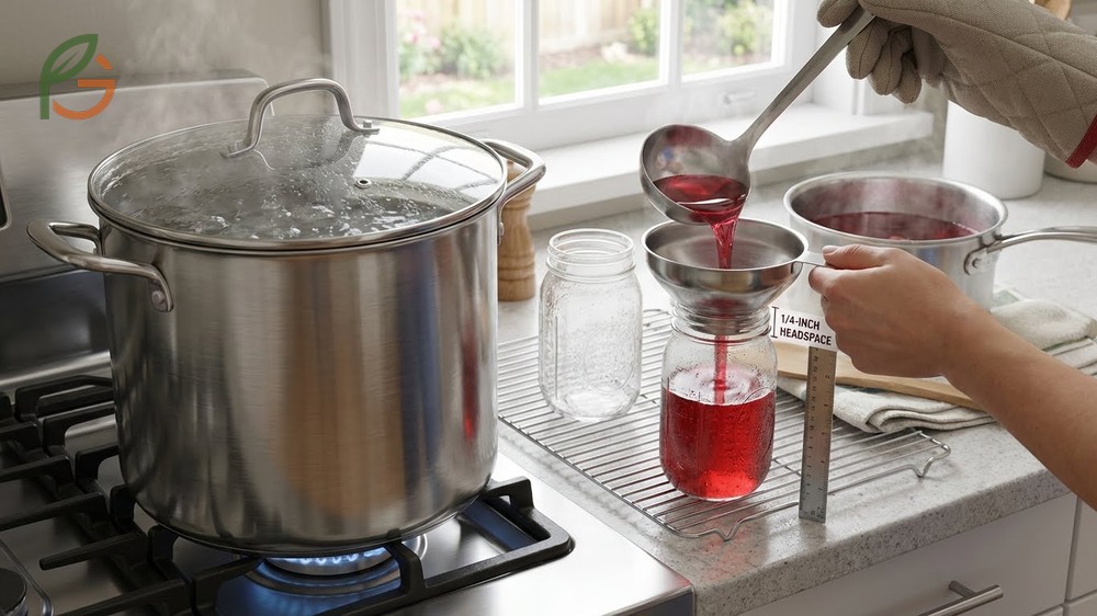 Water bath canning juice procedure detailing proper headspace measurement and altitude processing times.