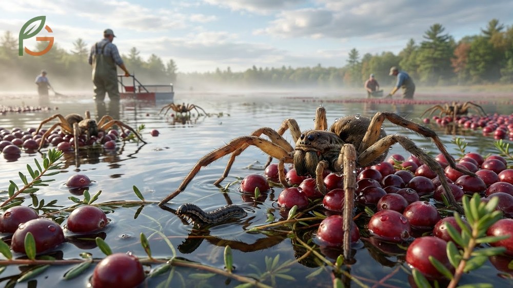 Spiders in cranberry bogs serve as beneficial predators that hunt pests like fruit worms without spinning webs.